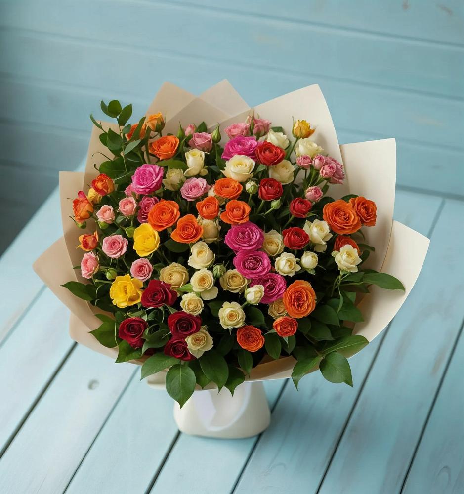 Букет Микс из разноцветных кустовых роз в Клетне