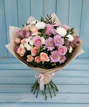 Букет цветов из:  Хризантемы, Розы и Альстромерии #REPLACE_PRED# Клетне