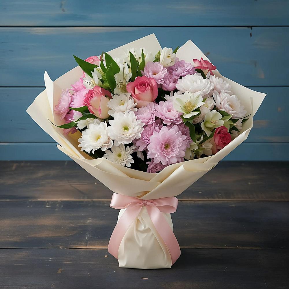 Букет цветов из: Хризантемы, Альстромерии и Розы в Клетне